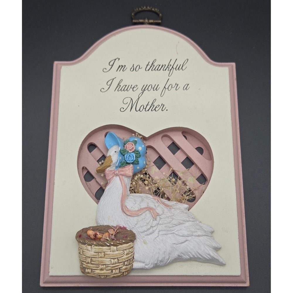 Vintage Country Goose Mother Wall Plaque 3D Heart Lattice Pink Cream 8in